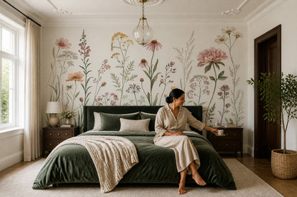 Muted Green Wallpaper Wildflower Removable Botanical Wall Decor