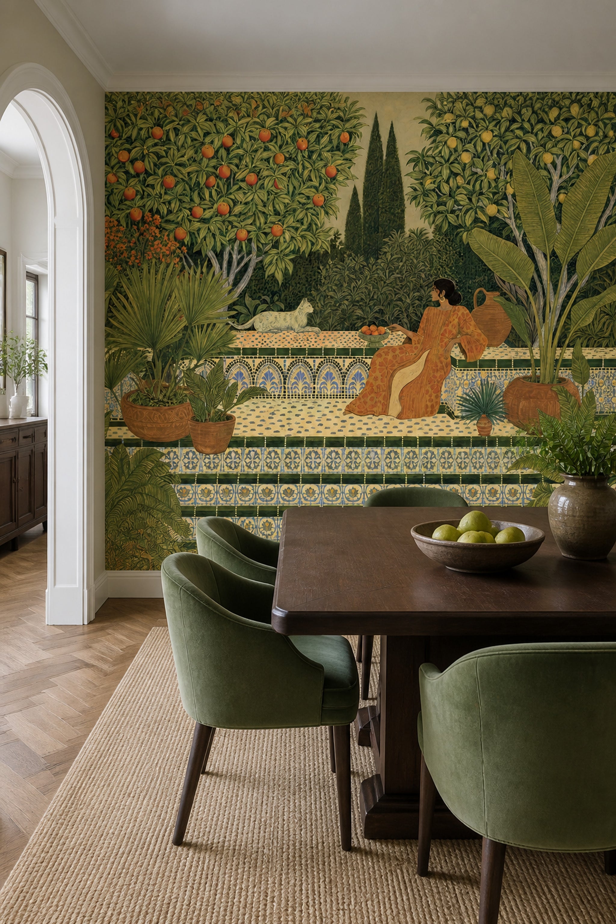 Mediterranean Garden Wallpaper Orange Trees Removable Tropical Foliage Wall Decor
