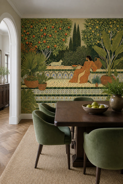 Mediterranean Garden Wallpaper Orange Trees Removable Tropical Foliage Wall Decor
