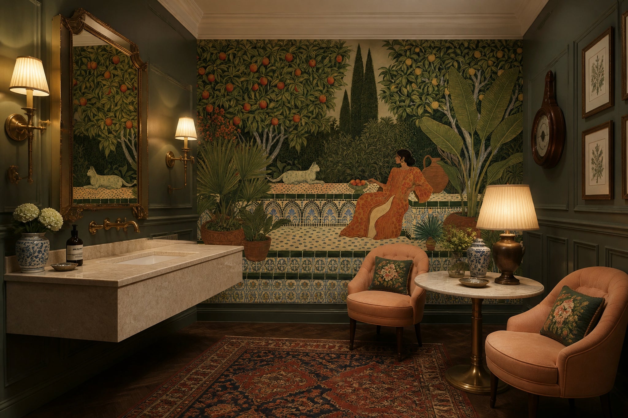 Mediterranean Garden Wallpaper Orange Trees Removable Tropical Foliage Wall Decor