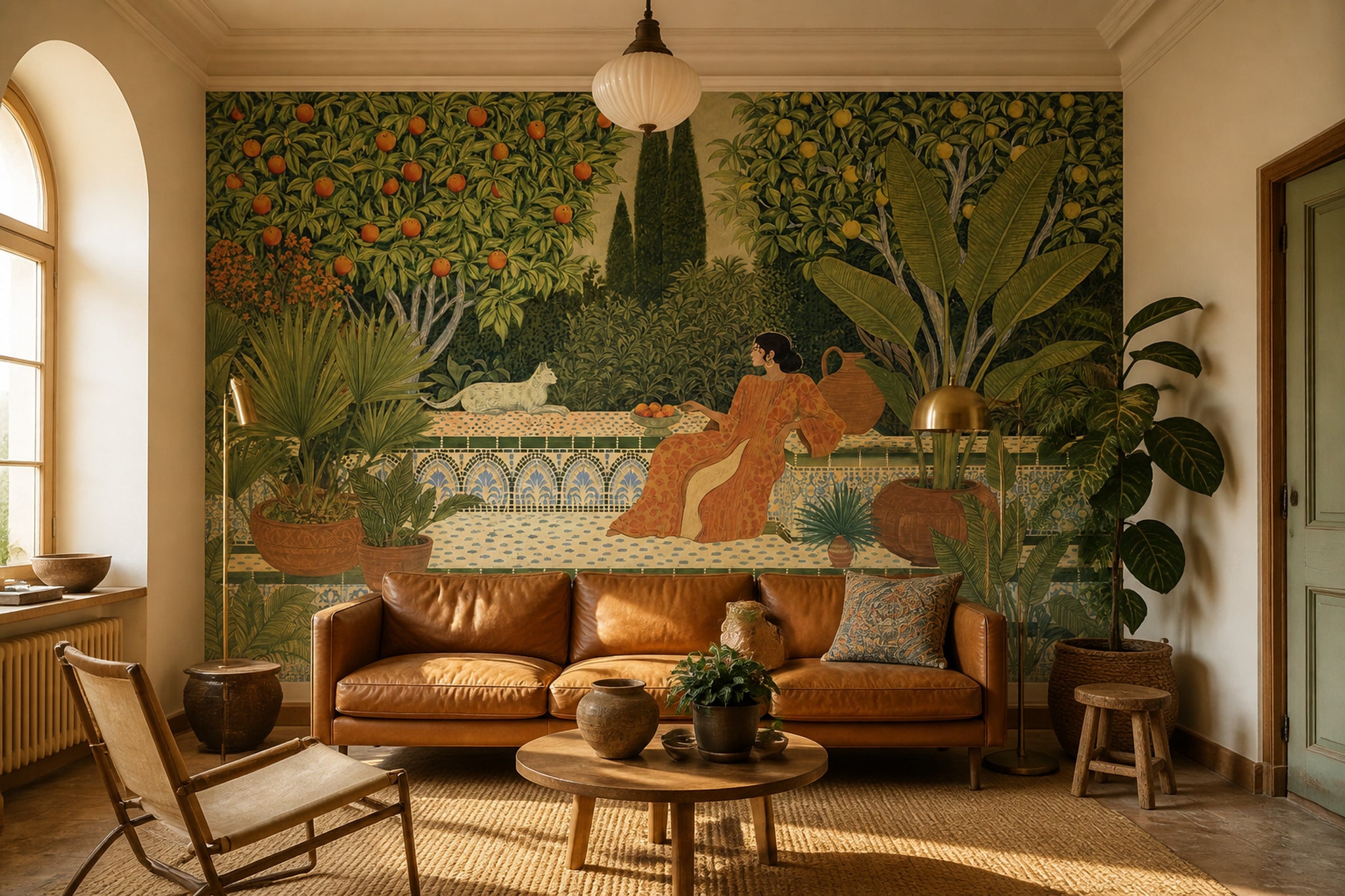 Mediterranean Garden Wallpaper Orange Trees Removable Tropical Foliage Wall Decor