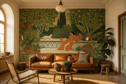 Mediterranean Garden Wallpaper Orange Trees Removable Tropical Foliage Wall Decor