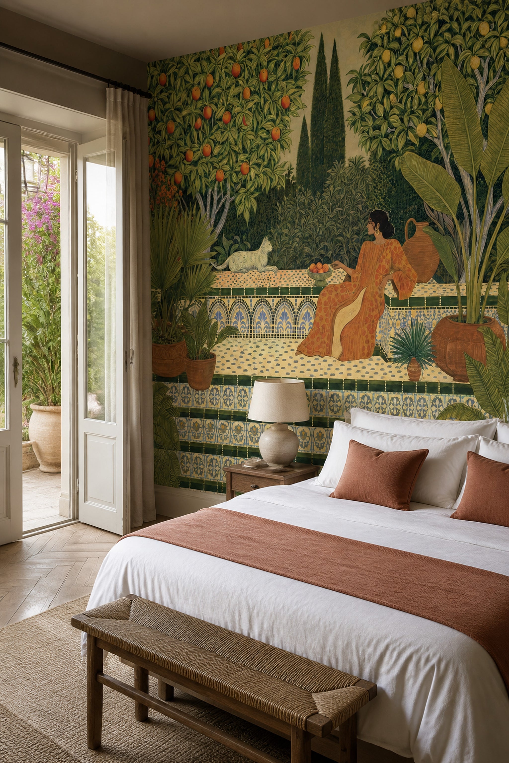 Mediterranean Garden Wallpaper Orange Trees Removable Tropical Foliage Wall Decor