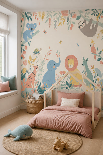 Tropical Jungle Wallpaper Nursery Animals Safari Removable Wall Decor