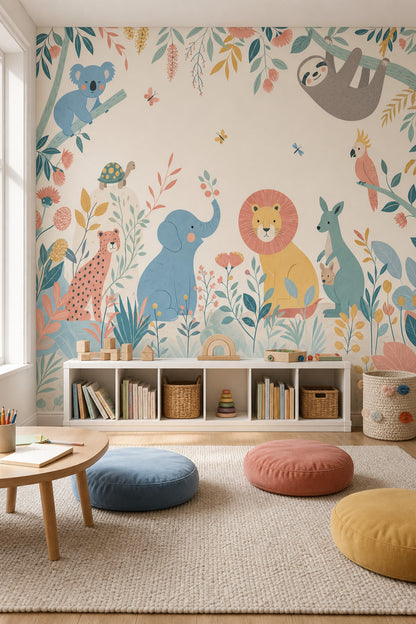 Tropical Jungle Wallpaper Nursery Animals Safari Removable Wall Decor