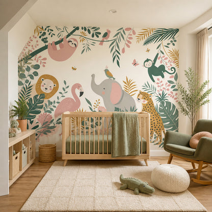Nursery Wallpaper Tropical Jungle Removable Safari Animals Wall Decor