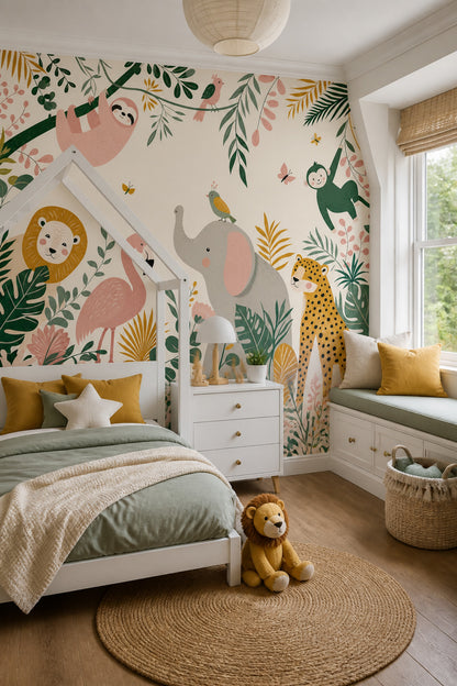 Nursery Wallpaper Tropical Jungle Removable Safari Animals Wall Decor