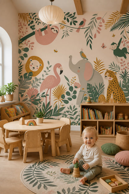 Nursery Wallpaper Tropical Jungle Removable Safari Animals Wall Decor