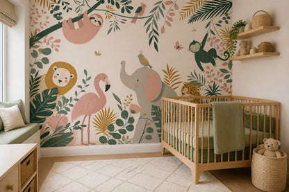 Nursery Wallpaper Tropical Jungle Removable Safari Animals Wall Decor
