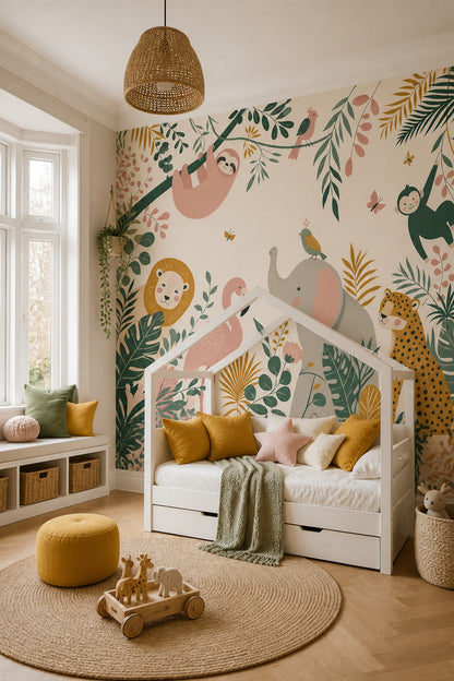 Nursery Wallpaper Tropical Jungle Removable Safari Animals Wall Decor