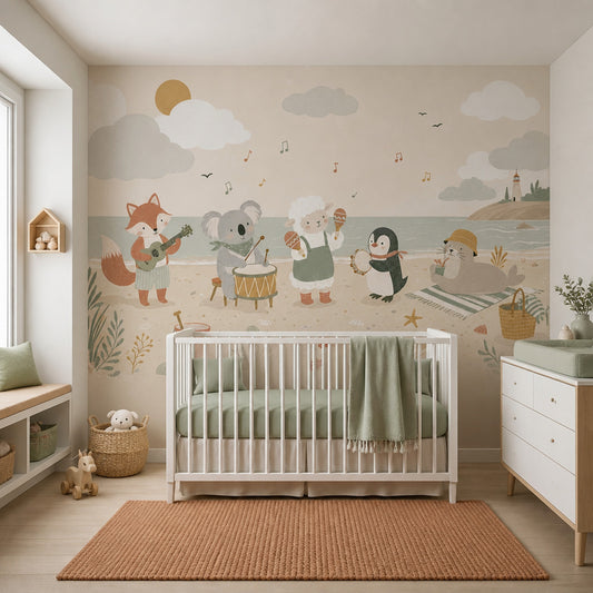 Coastal Wallpaper Cute Animals Removable Music Wall Decor