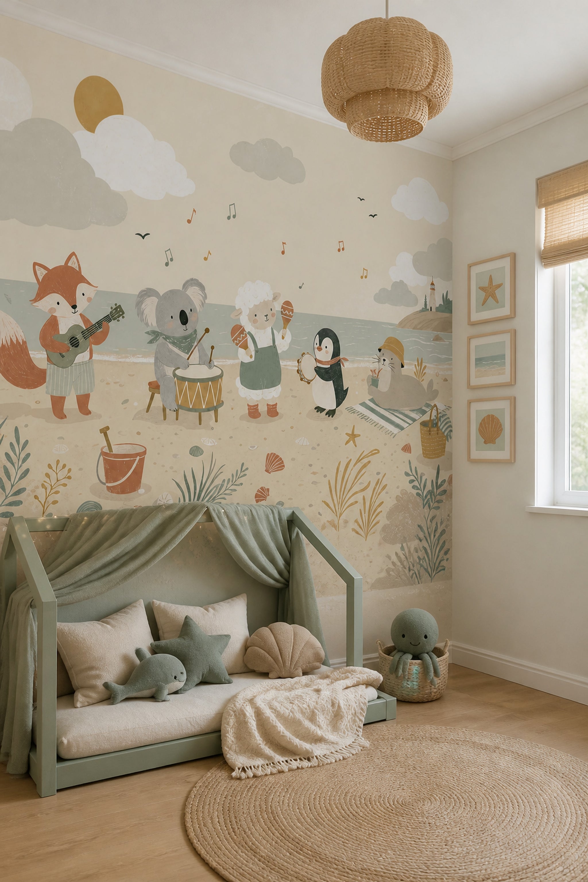 Coastal Wallpaper Cute Animals Removable Music Wall Decor