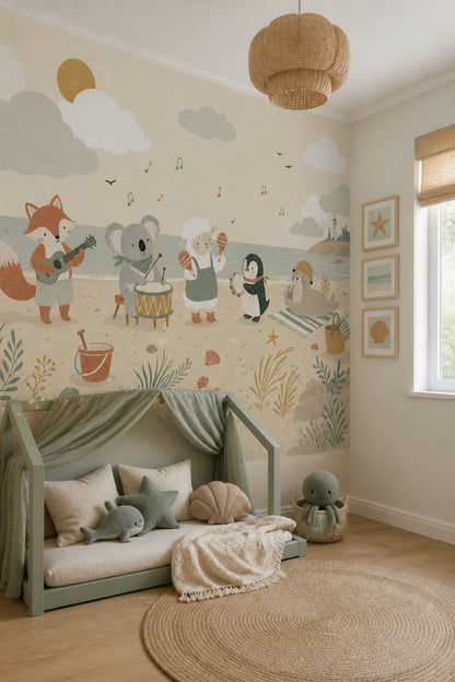 Coastal Wallpaper Cute Animals Removable Music Wall Decor
