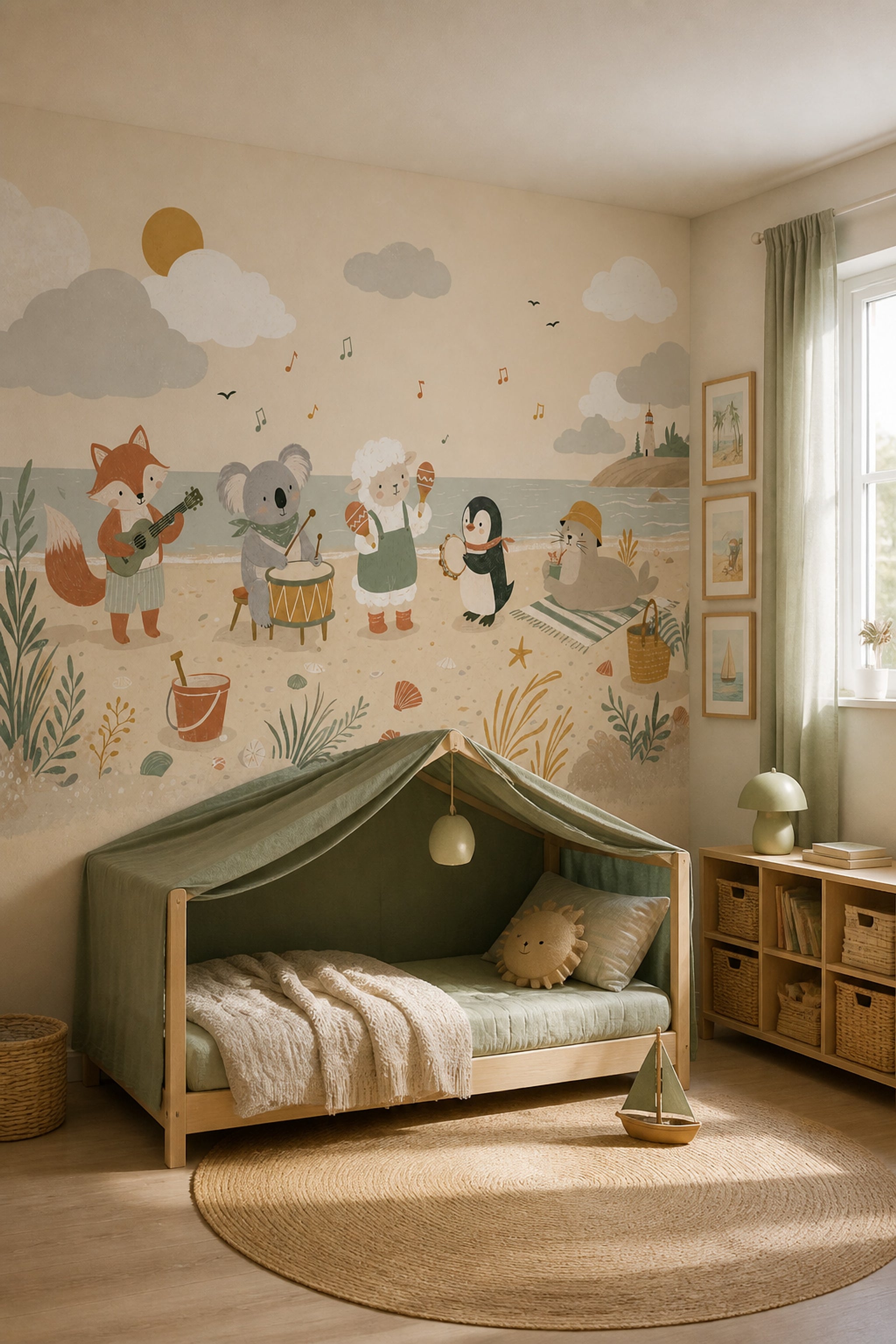 Coastal Wallpaper Cute Animals Removable Music Wall Decor