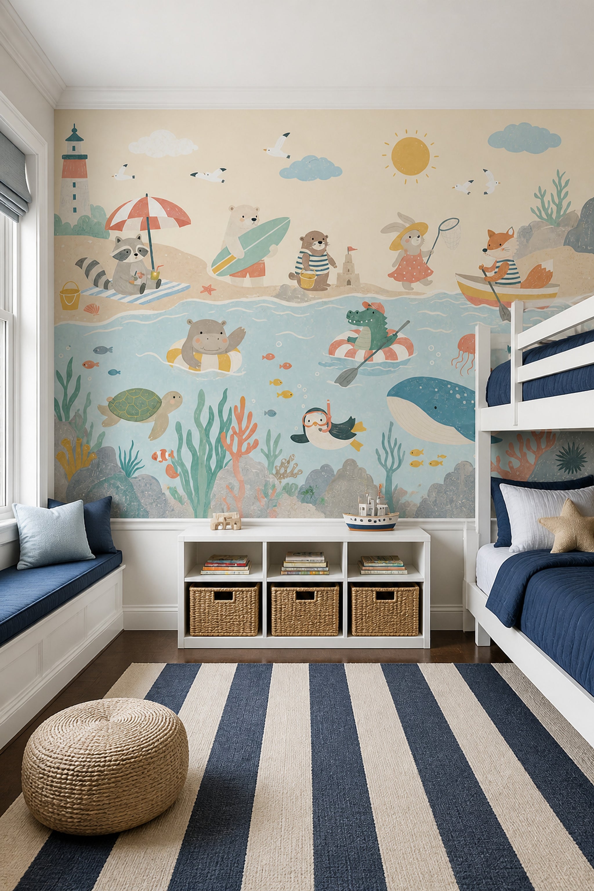Childrens Wallpaper Coastal Removable Underwater Animals Wall Decor