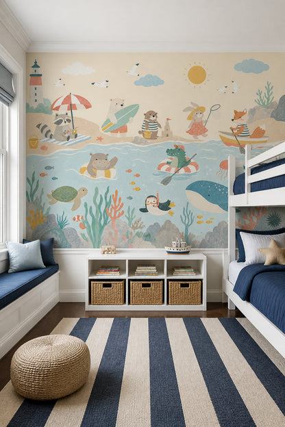 Childrens Wallpaper Coastal Removable Underwater Animals Wall Decor