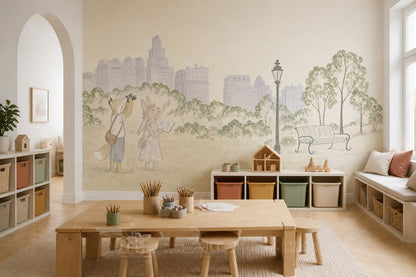 City Park Wallpaper Watercolor Storybook Animals Wall Mural