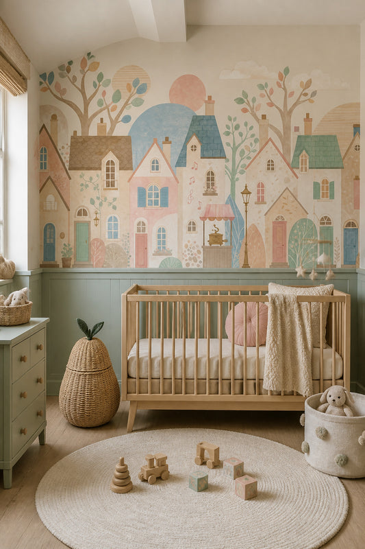 Pastel Village Wallpaper Watercolor Houses Storybook Town Removable Wall Decor