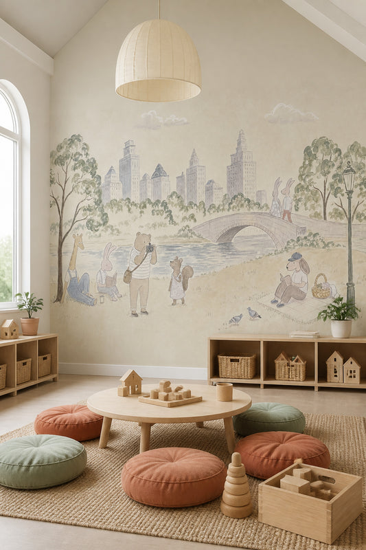 Watercolor Park Wallpaper City Skyline Removable Storybook Animals Wall Decor
