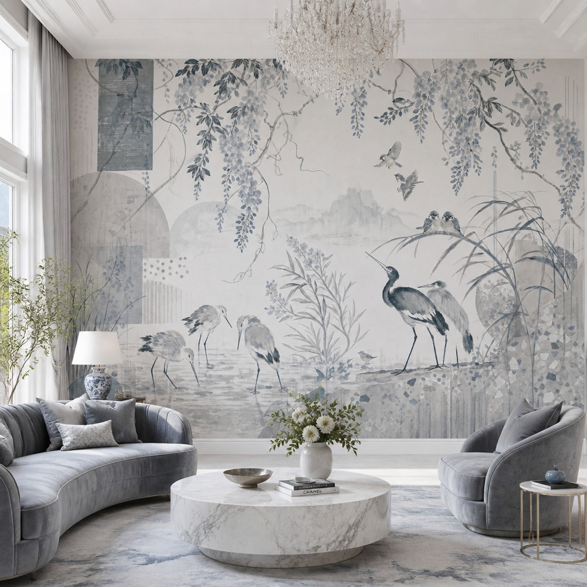 Chinoiserie Wallpaper Watercolor Birds Wall Mural