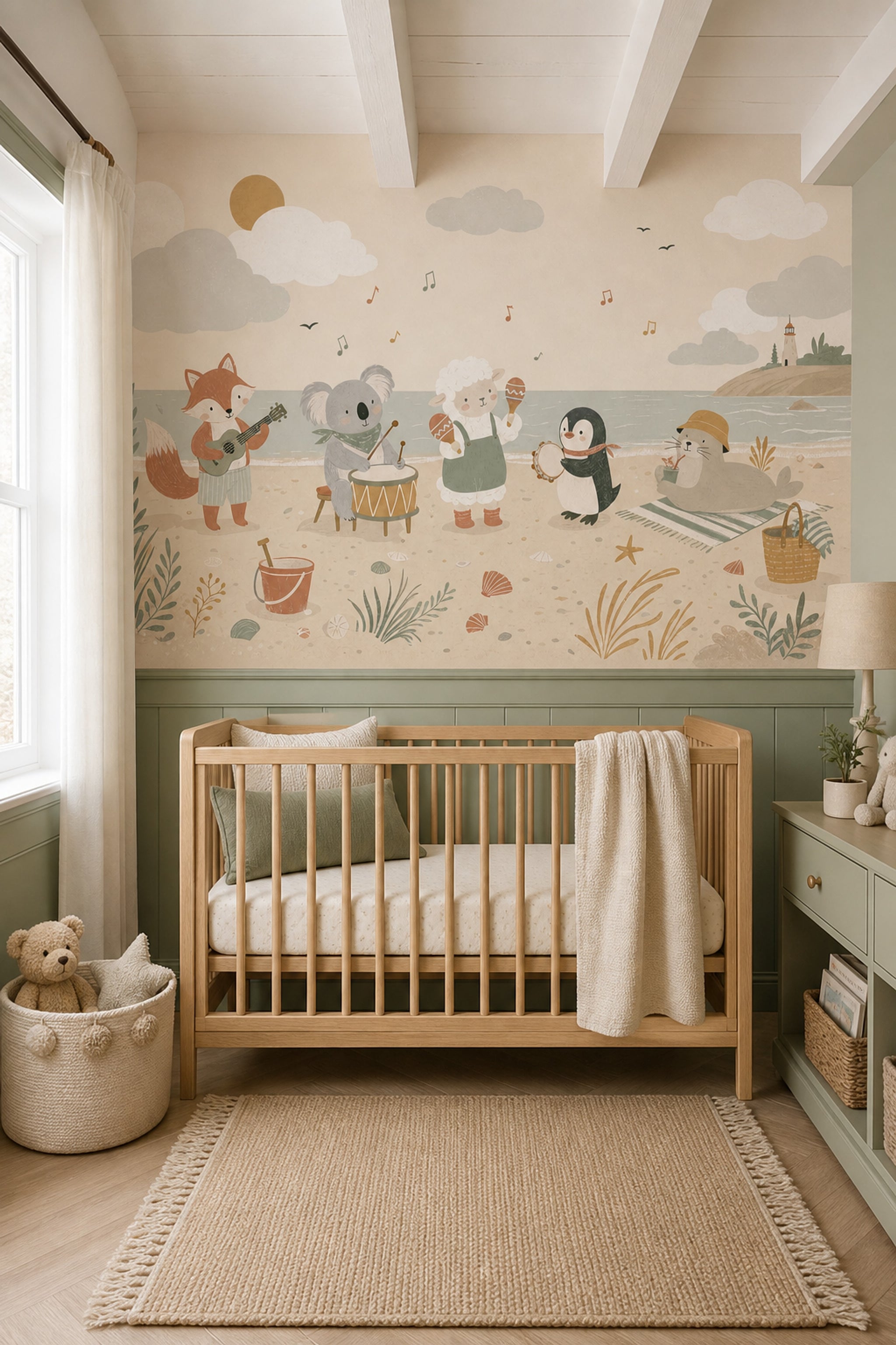 Coastal Wallpaper Cute Animals Removable Music Wall Decor