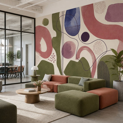 Organic Shapes Wallpaper Watercolor Modern Linework Wall Mural