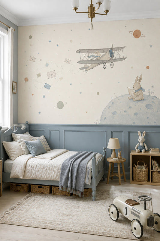 Whimsical Space Wallpaper Rabbit Vintage Airplane Removable Wall Decor
