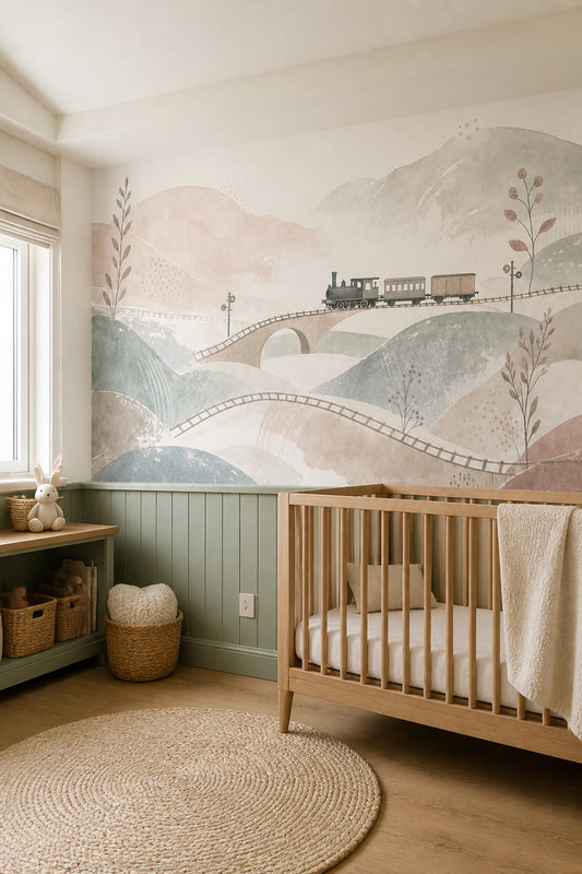 Steam Train Wallpaper Watercolor Landscape Vintage Countryside Removable Wall Decor