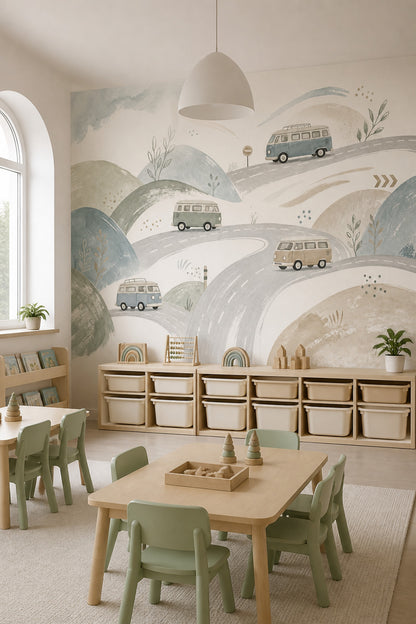 Watercolor Landscape Wallpaper Camper Vans Scandinavian Style Wall Mural