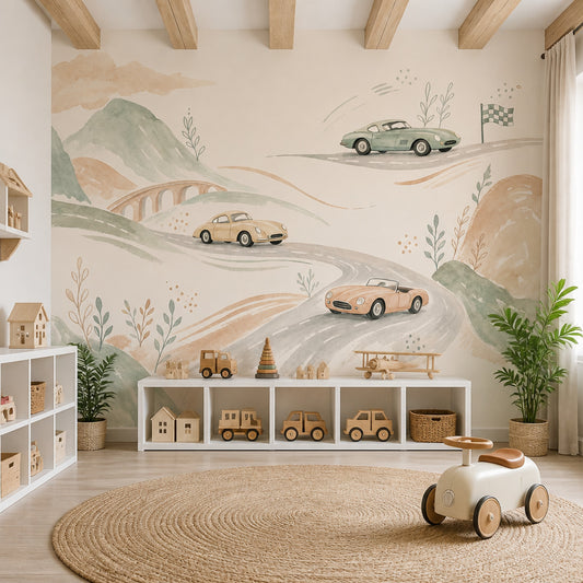 Watercolor Wallpaper Vintage Cars Removable Winding Road Wall Decor