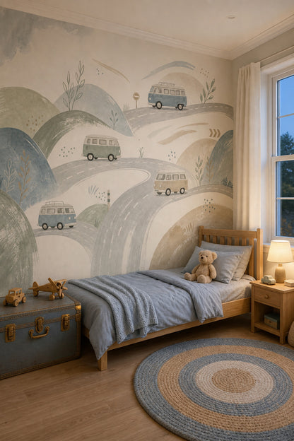 Watercolor Landscape Wallpaper Camper Vans Scandinavian Style Wall Mural