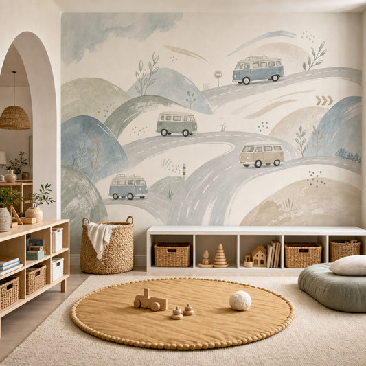 Watercolor Landscape Wallpaper Camper Vans Scandinavian Style Wall Mural