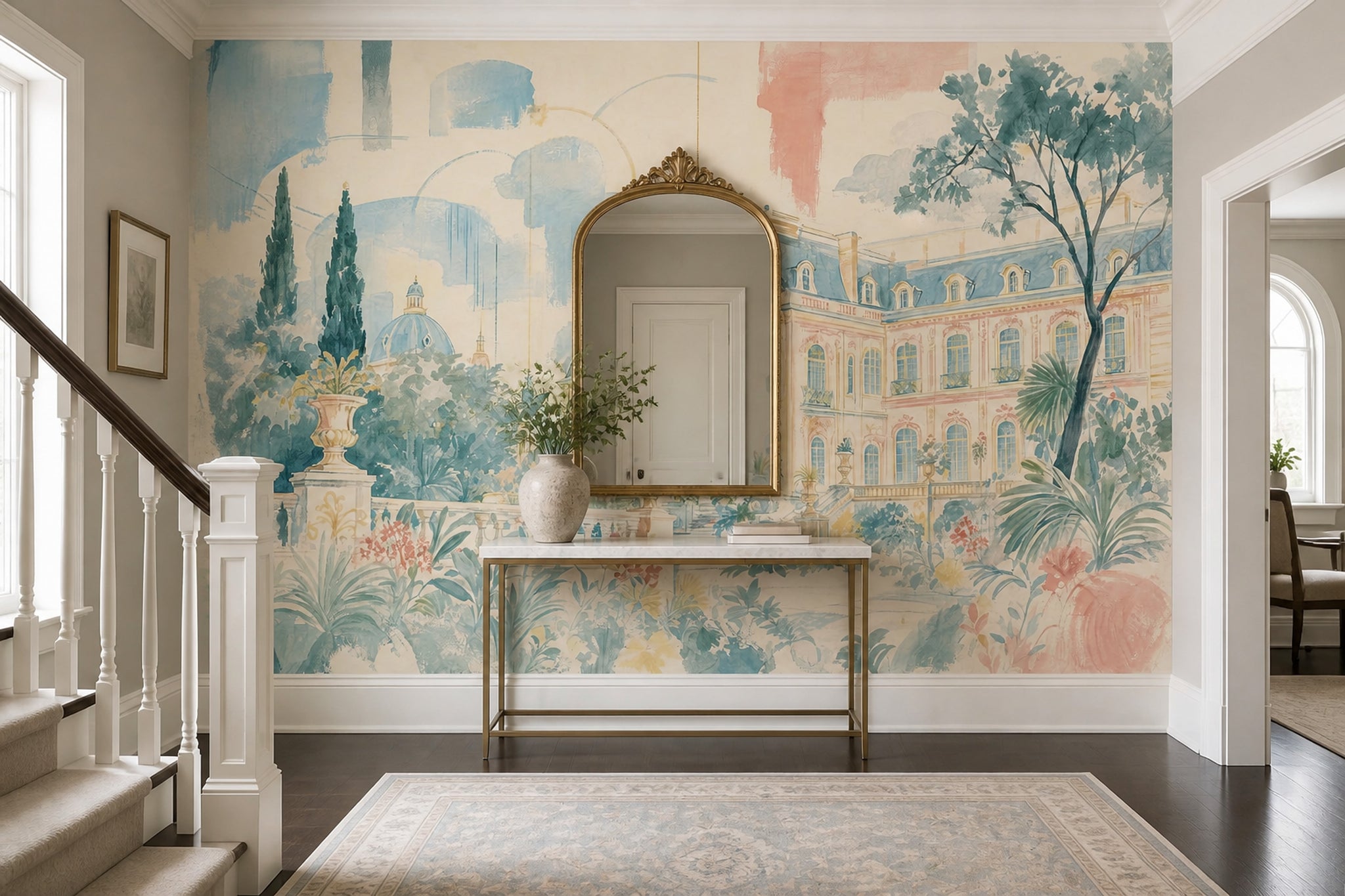 Muted Green Wallpaper Watercolor European Palace Wall Mural