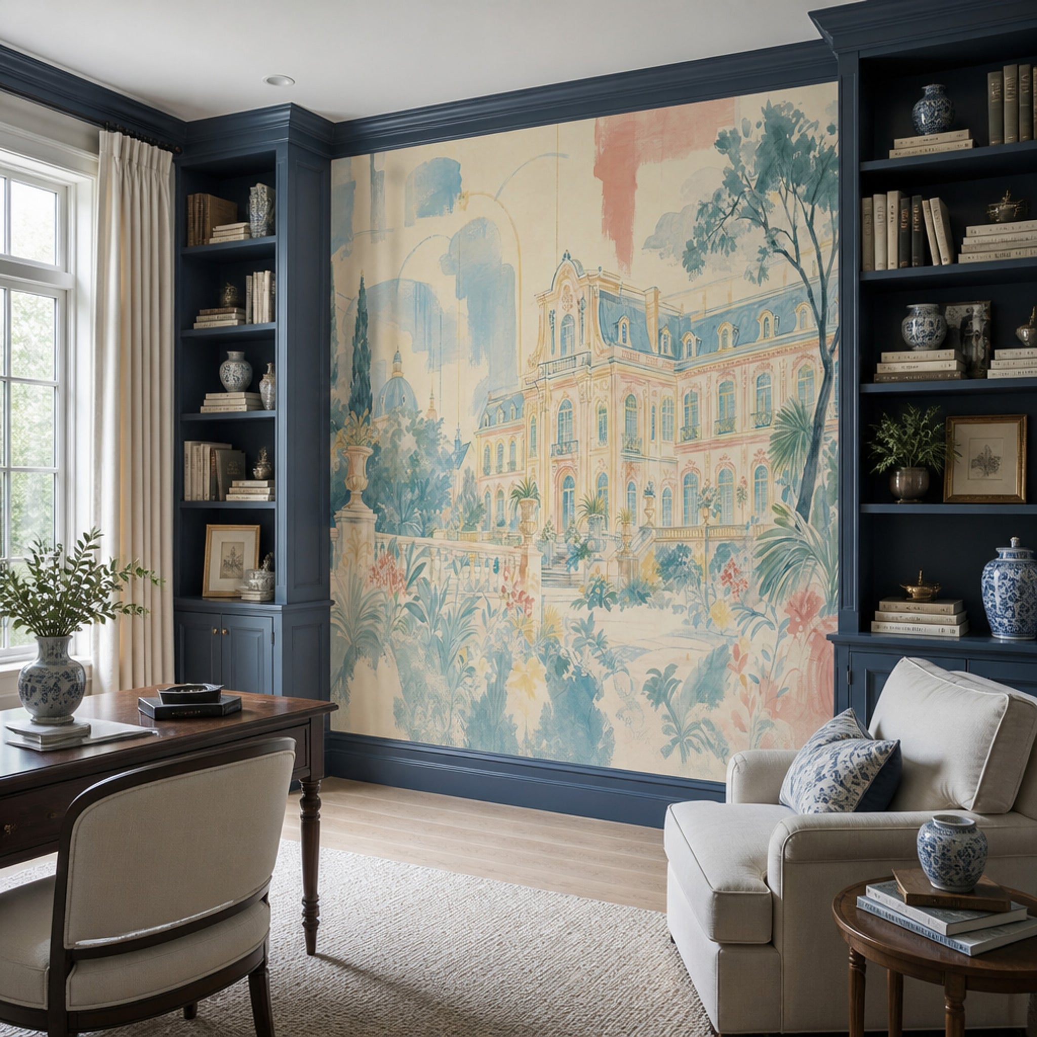 Muted Green Wallpaper Watercolor European Palace Wall Mural
