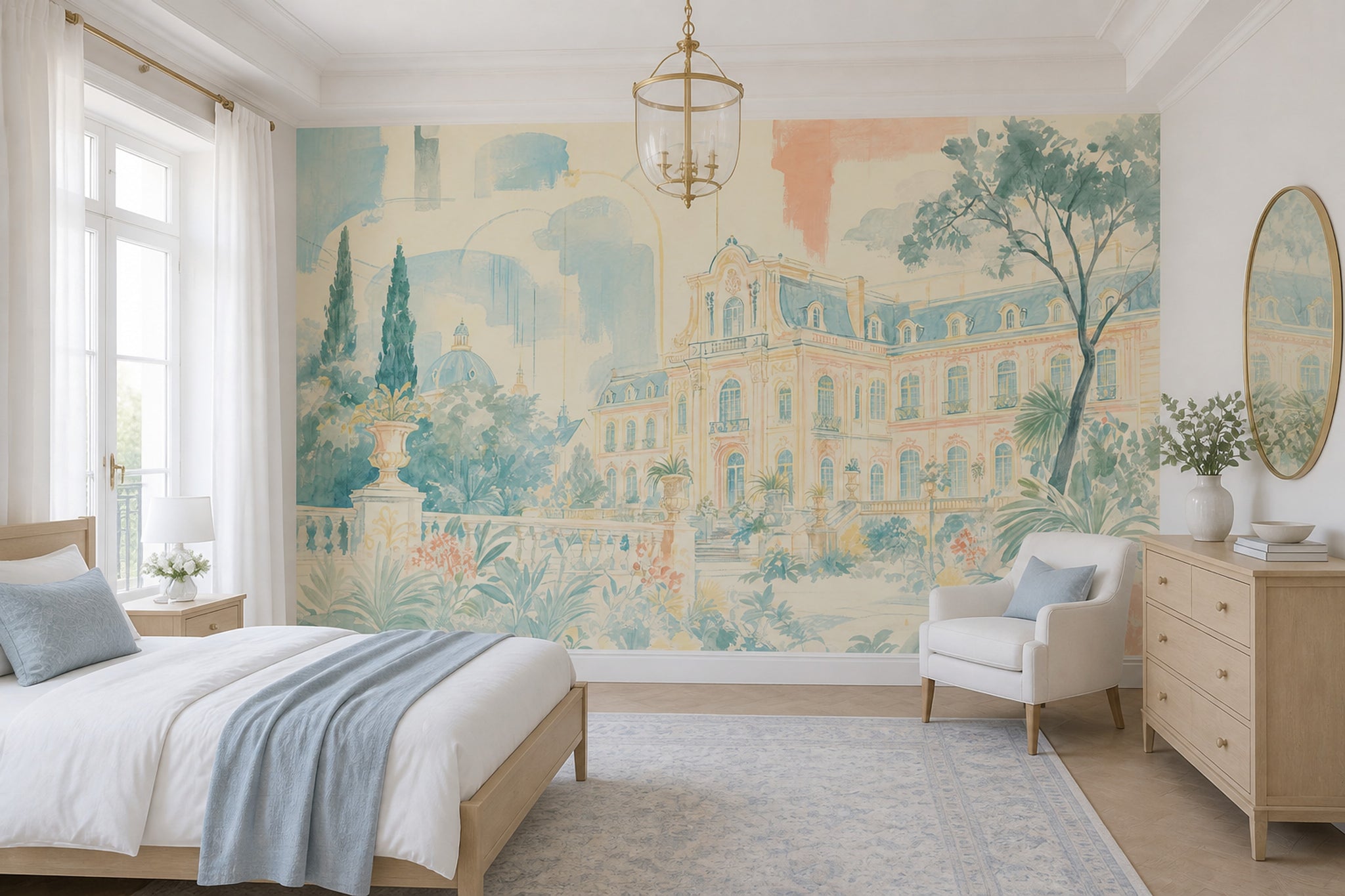Muted Green Wallpaper Watercolor European Palace Wall Mural