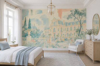 Muted Green Wallpaper Watercolor European Palace Wall Mural