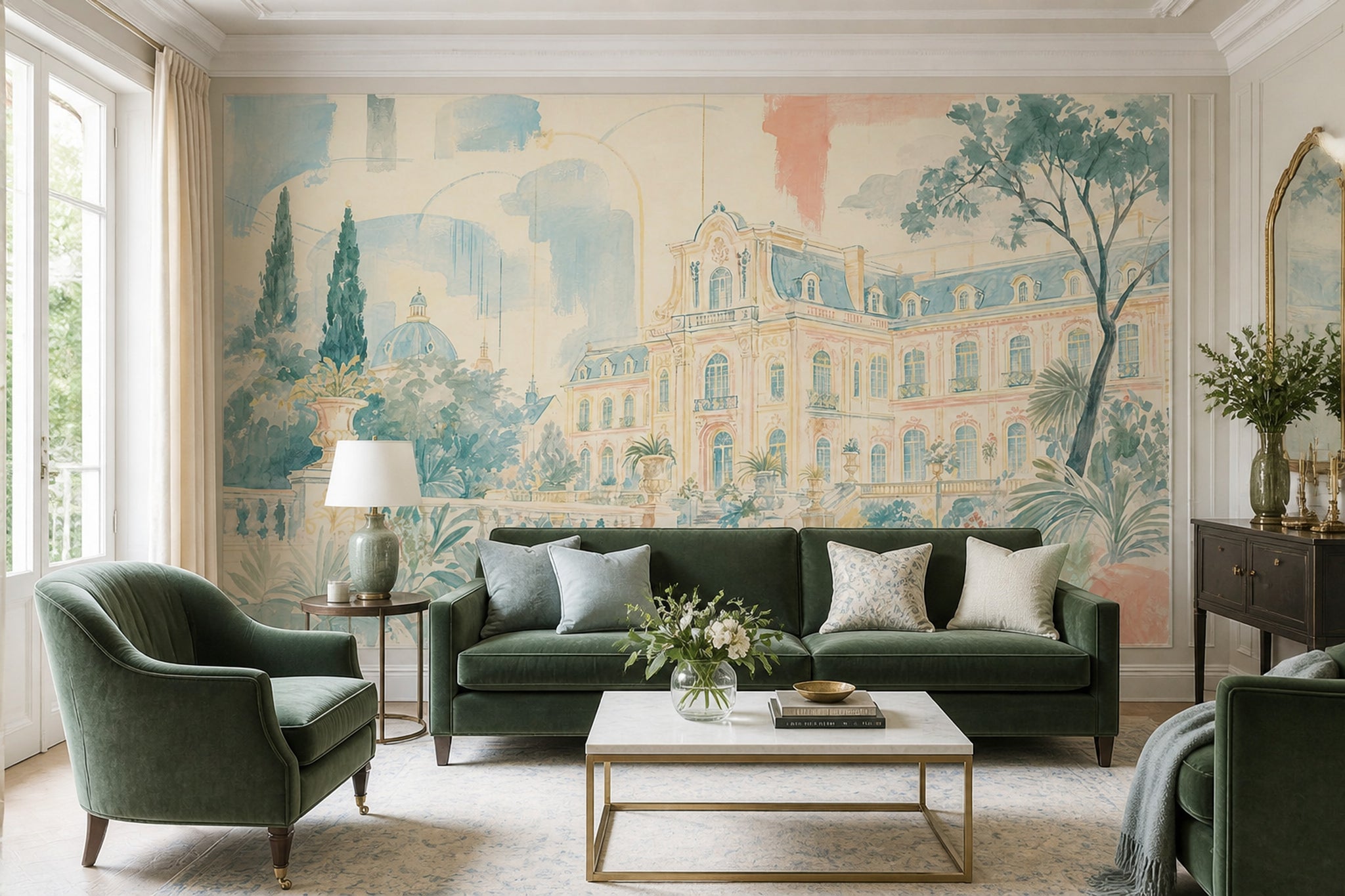 Muted Green Wallpaper Watercolor European Palace Wall Mural
