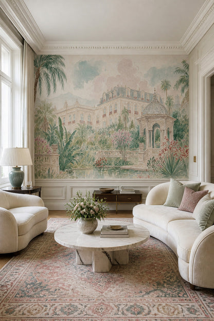 Muted Green Wallpaper Tropical Landscape Removable Palace Wall Decor