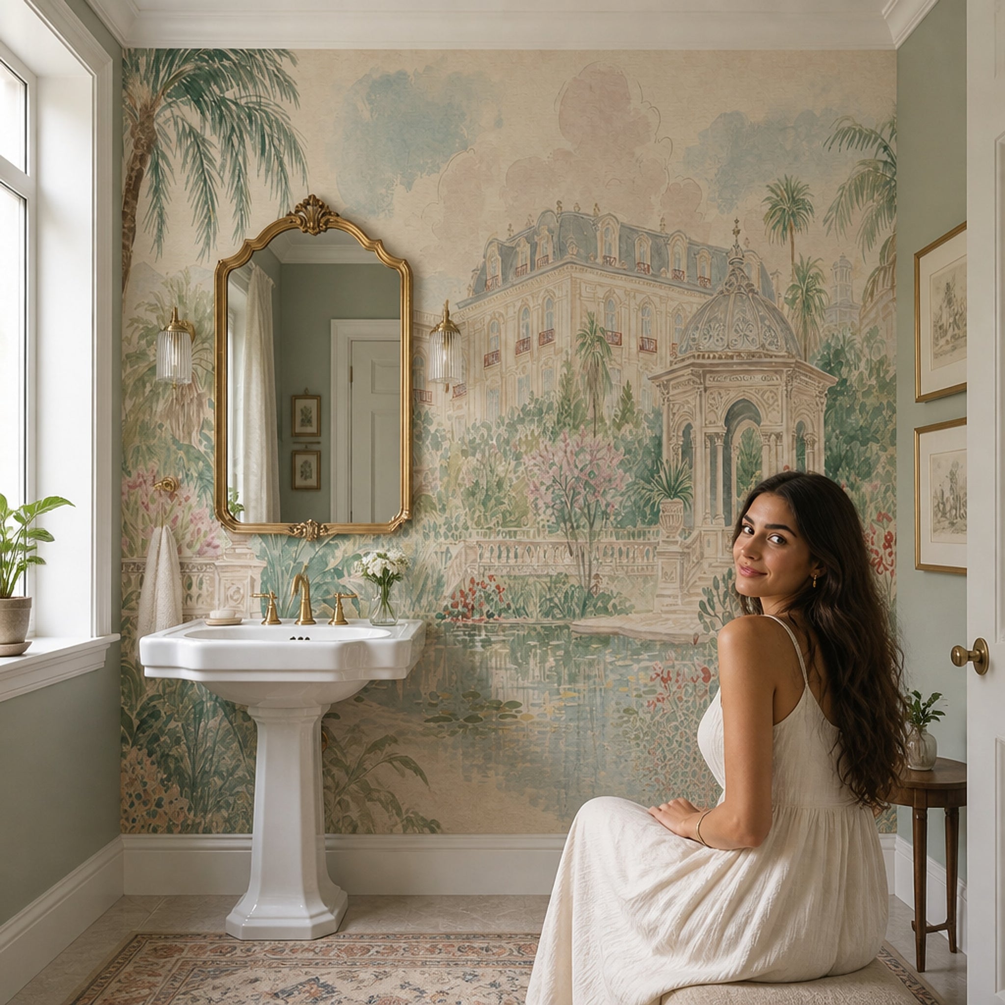 Muted Green Wallpaper Tropical Landscape Removable Palace Wall Decor
