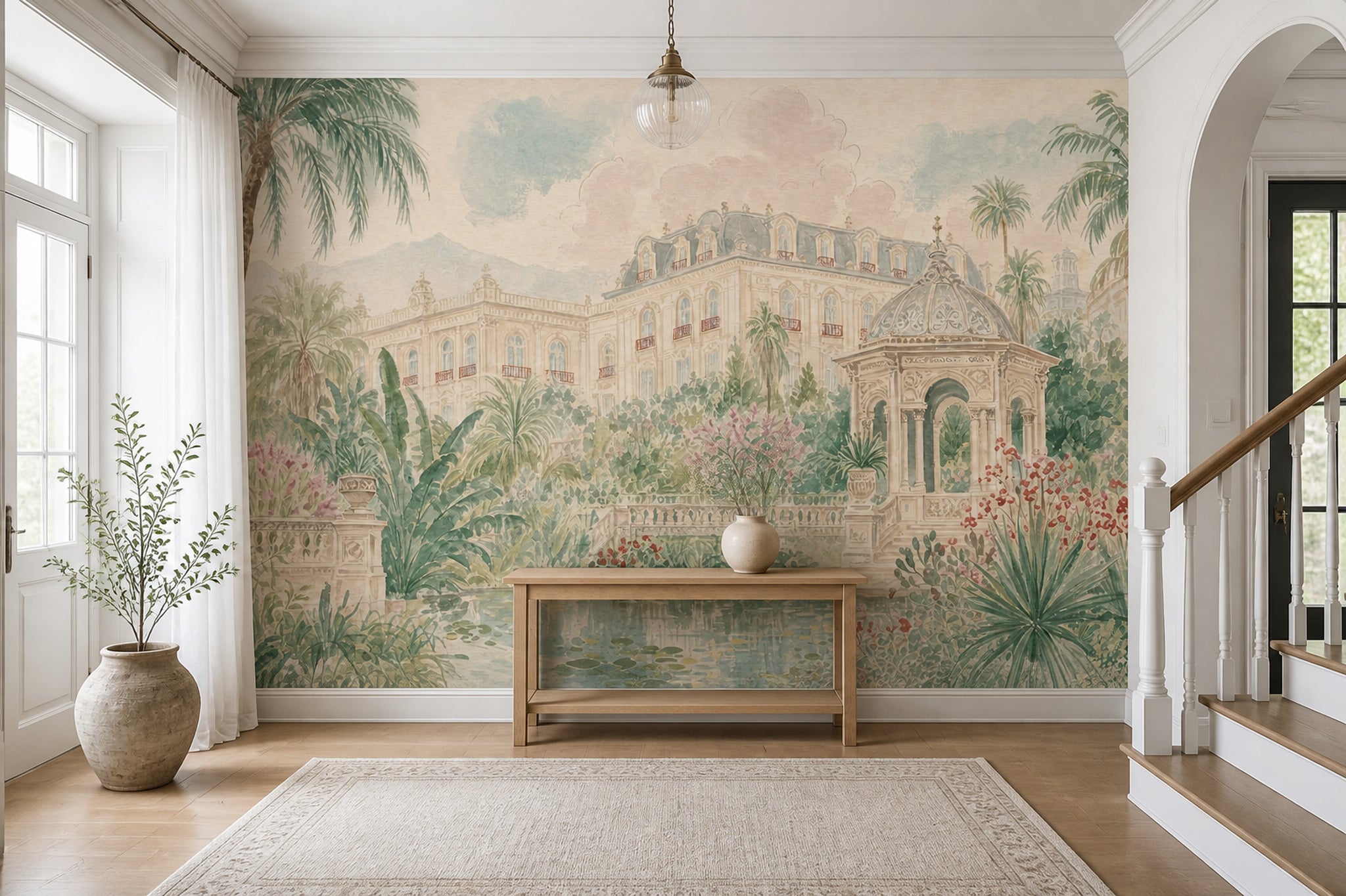 Muted Green Wallpaper Tropical Landscape Removable Palace Wall Decor