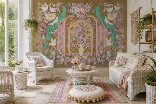White Doves Wallpaper Pink Roses Ornate Arches Wall Mural