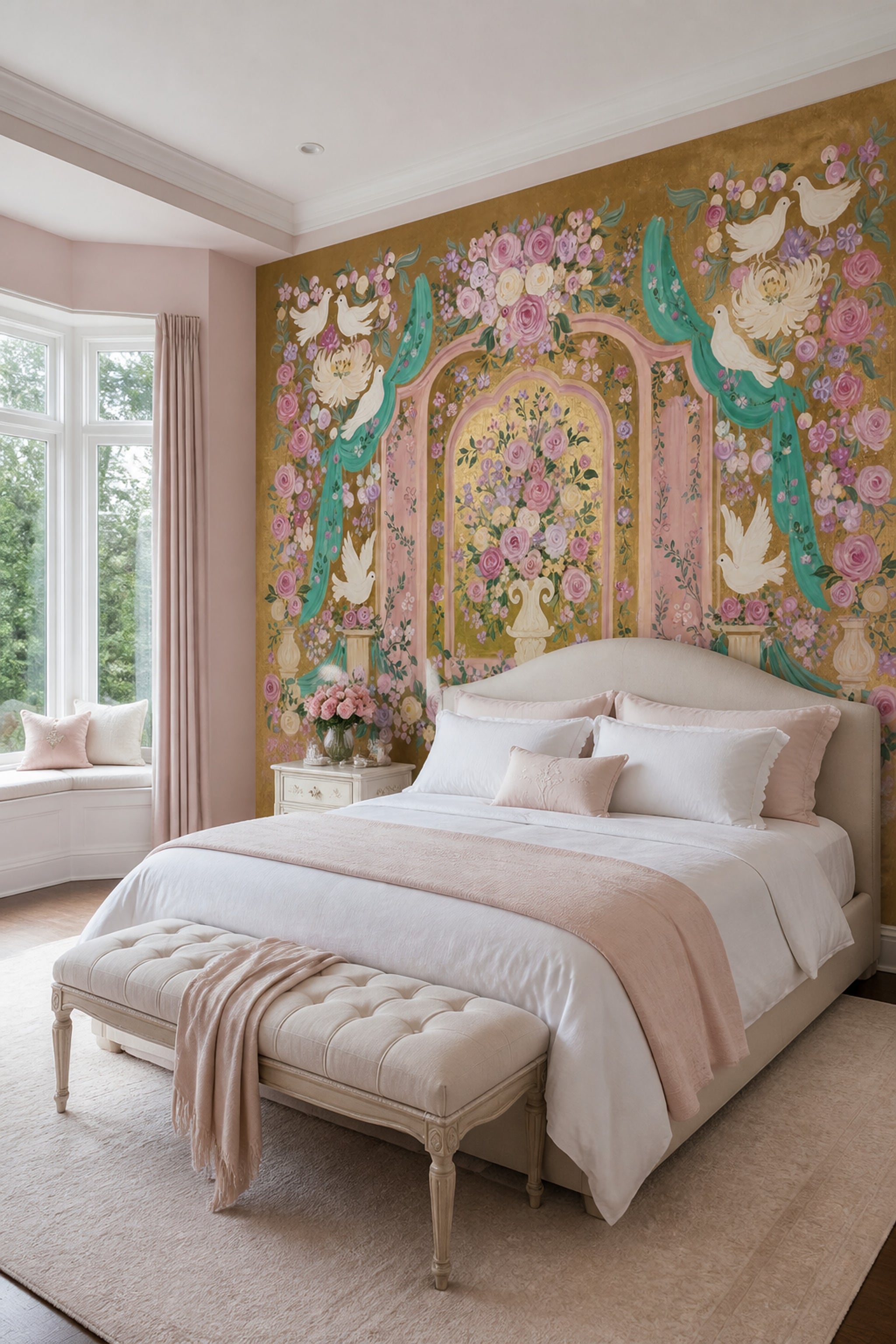 White Doves Wallpaper Pink Roses Ornate Arches Wall Mural