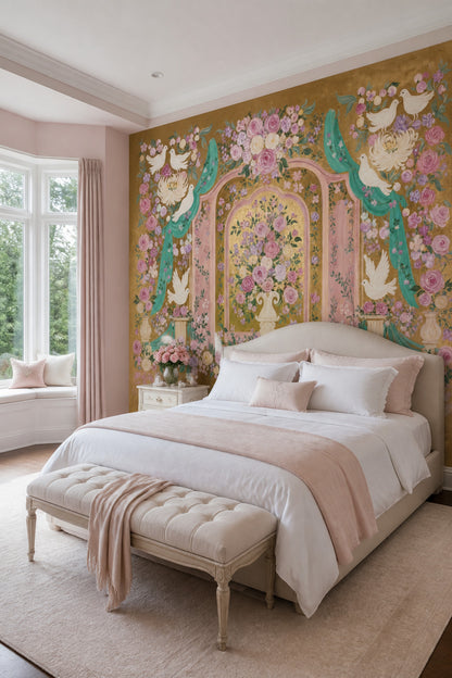 White Doves Wallpaper Pink Roses Ornate Arches Wall Mural
