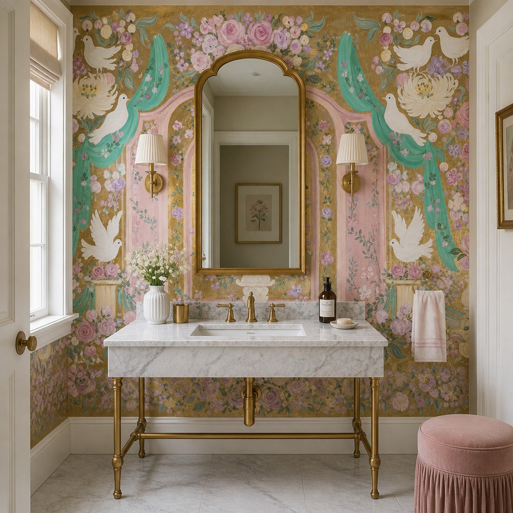 White Doves Wallpaper Pink Roses Ornate Arches Wall Mural
