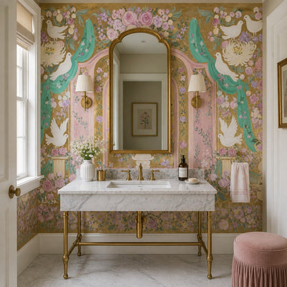 White Doves Wallpaper Pink Roses Ornate Arches Wall Mural