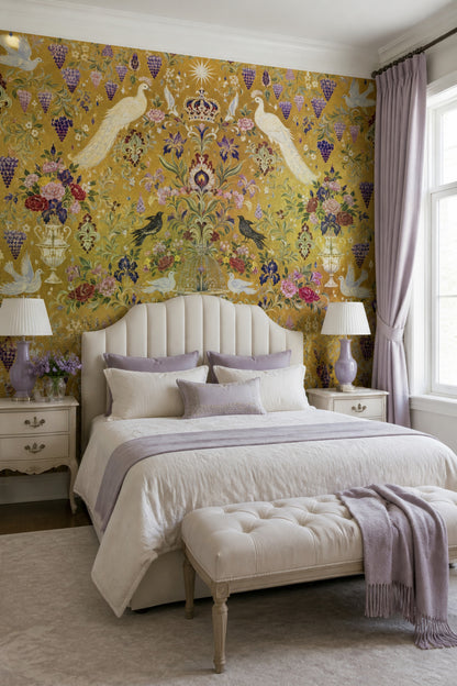 Floral Wallpaper Birds Gold Removable Wall Decor