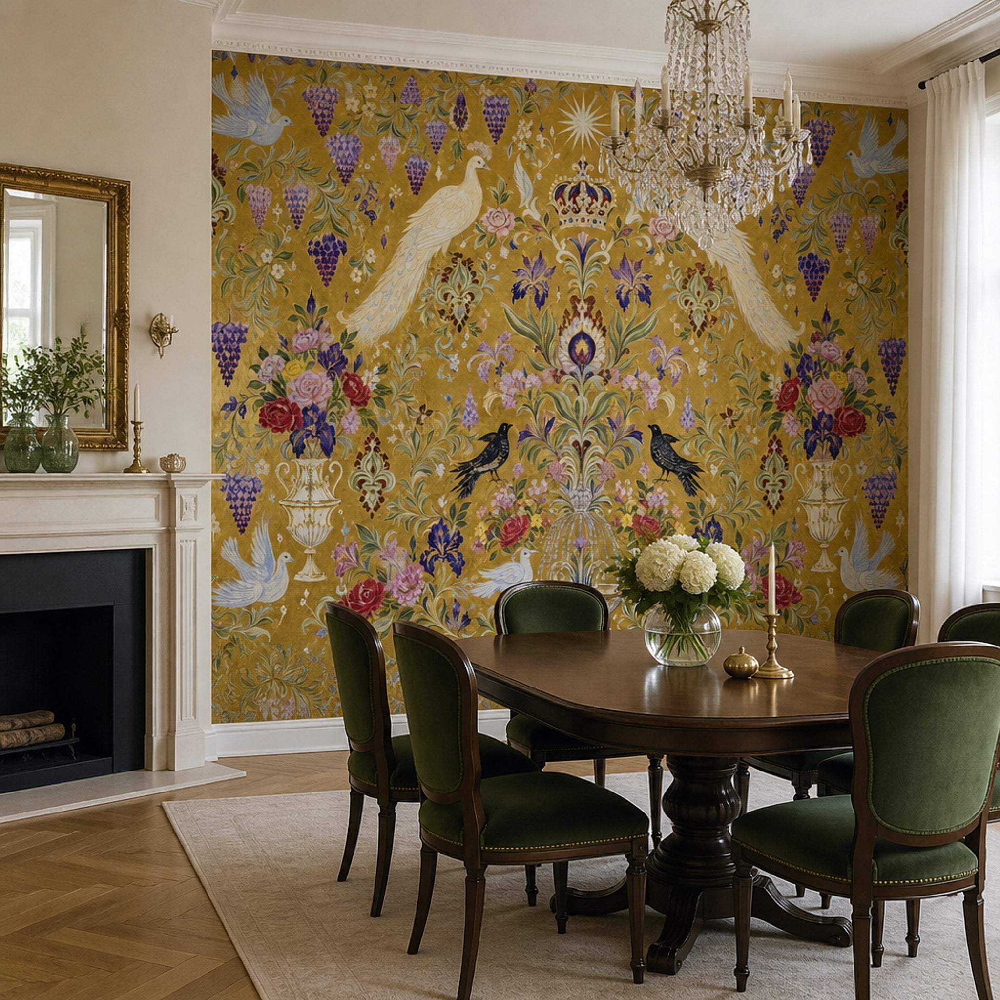 Floral Wallpaper Birds Gold Removable Wall Decor