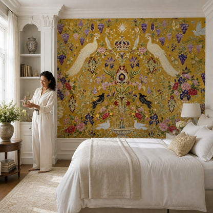 Floral Wallpaper Birds Gold Removable Wall Decor