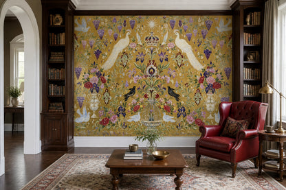 Floral Wallpaper Birds Gold Removable Wall Decor