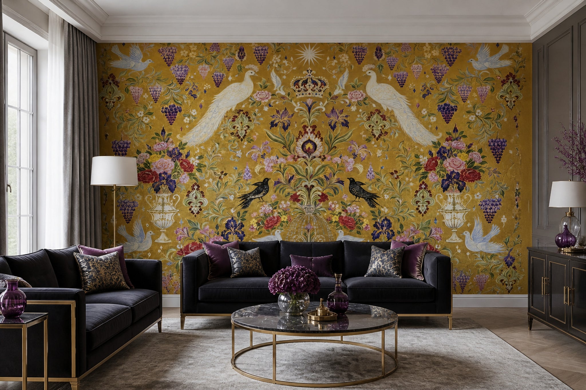 Floral Wallpaper Birds Gold Removable Wall Decor